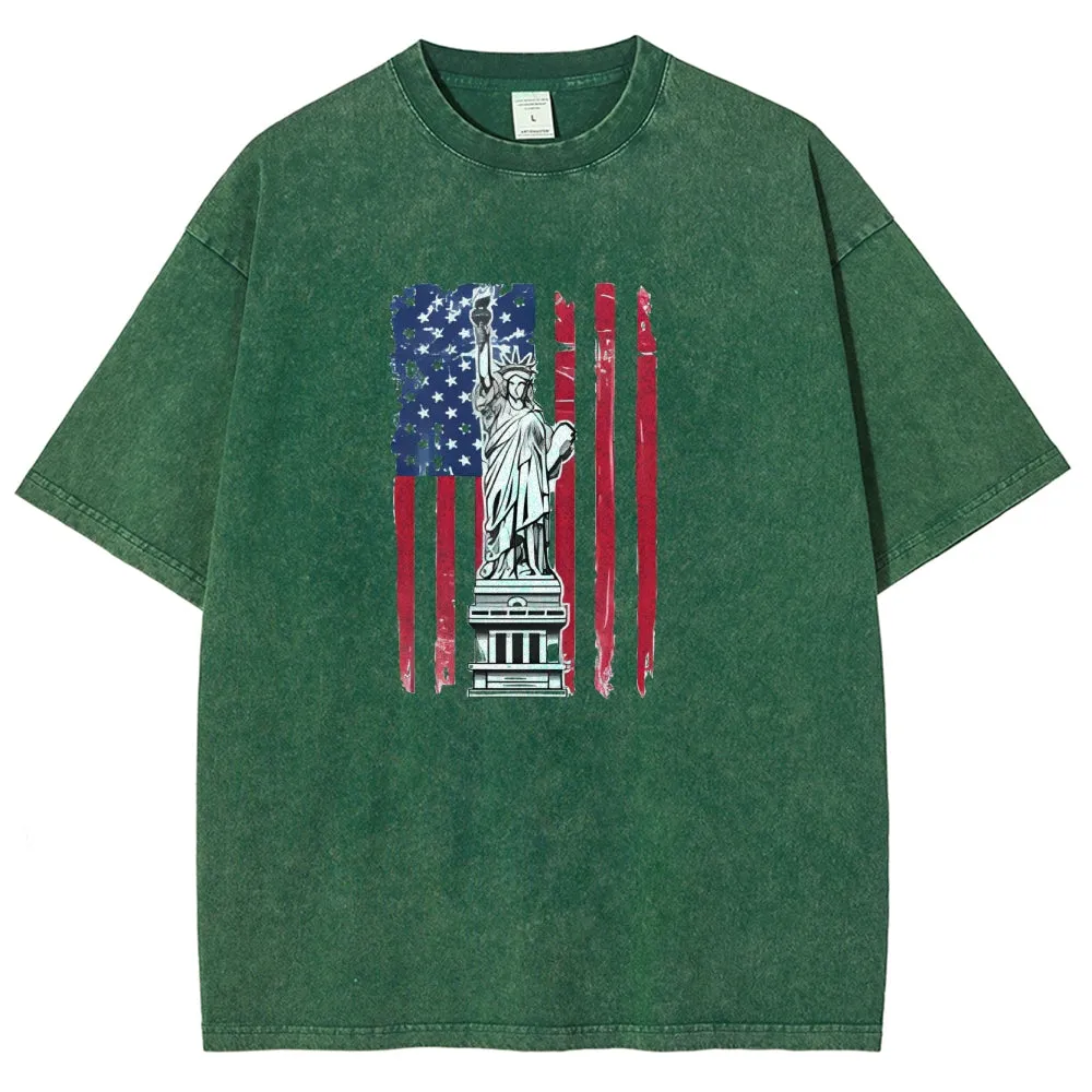 Unisex Statue of Liberty American Flag Graphic Vintage Washed Tee