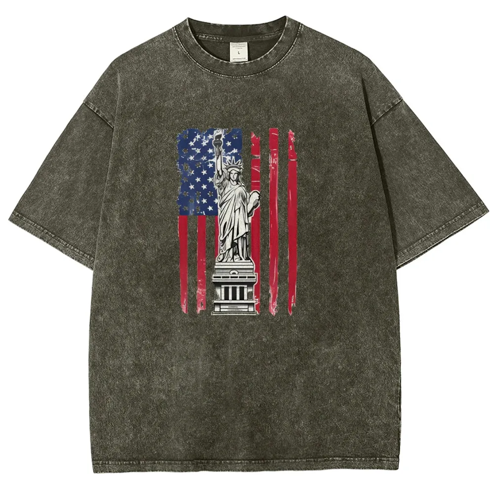 Unisex Statue of Liberty American Flag Graphic Vintage Washed Tee