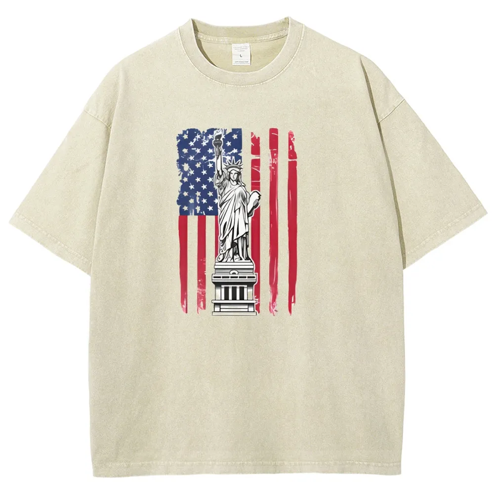 Unisex Statue of Liberty American Flag Graphic Vintage Washed Tee