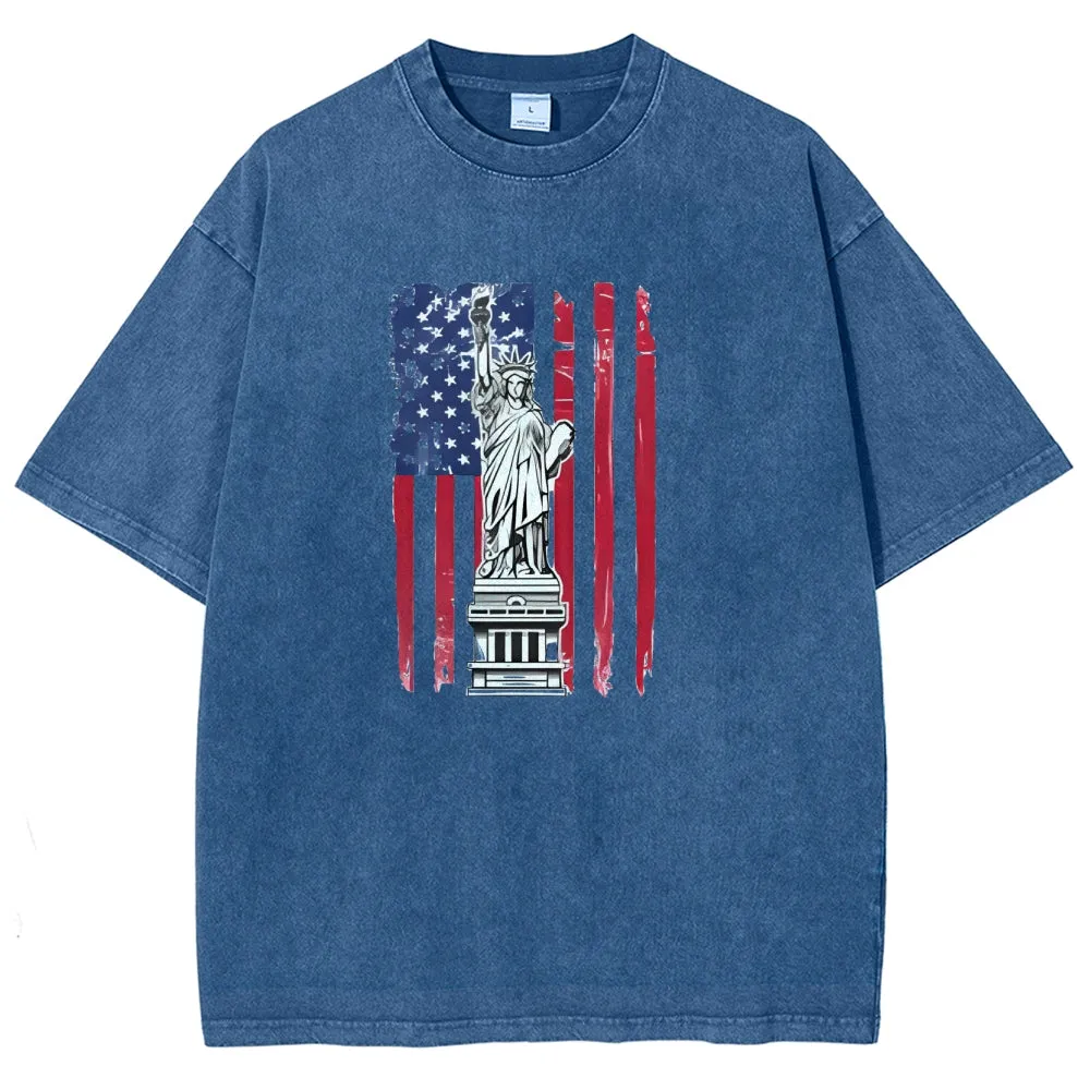 Unisex Statue of Liberty American Flag Graphic Vintage Washed Tee