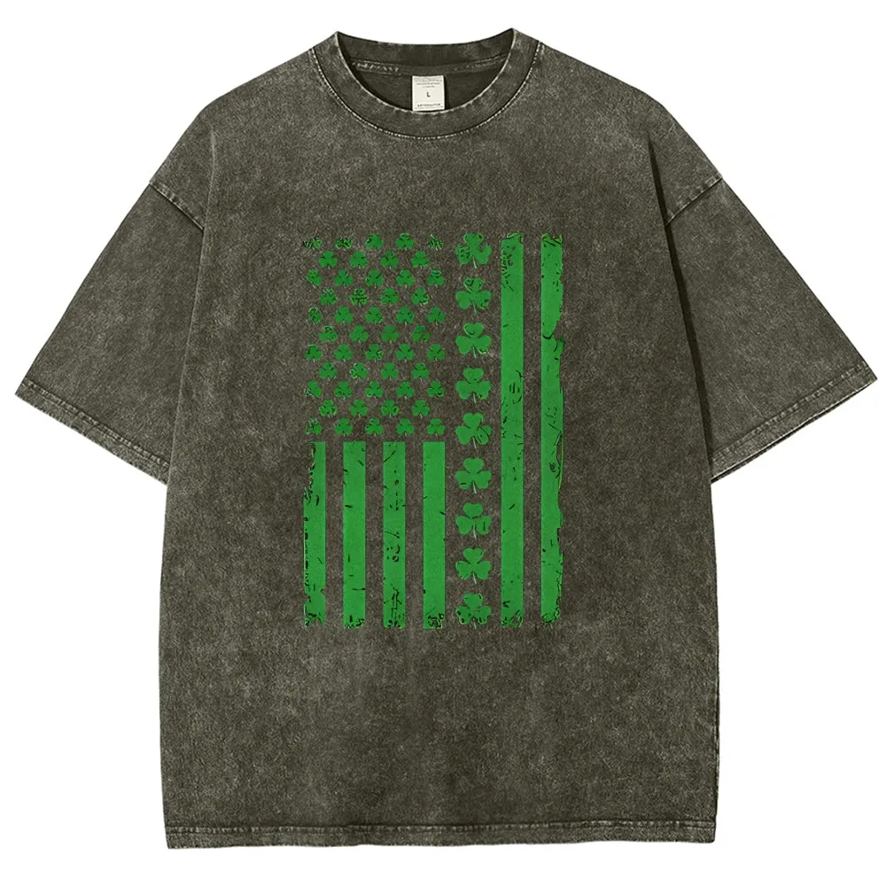 Unisex Vintage American Shamrock Flag At St. Patrick's Day Graphic Washed Tee