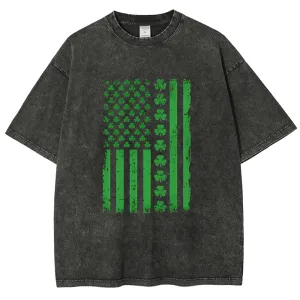 Unisex Vintage American Shamrock Flag At St. Patrick's Day Graphic Washed Tee