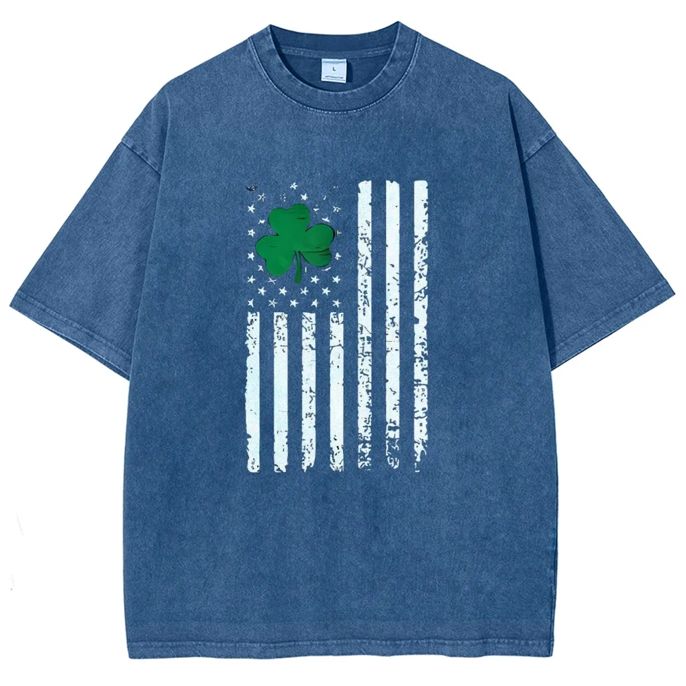 Unisex Vintage American Shamrock Flag At St. Patrick's Day Graphic Washed Tee