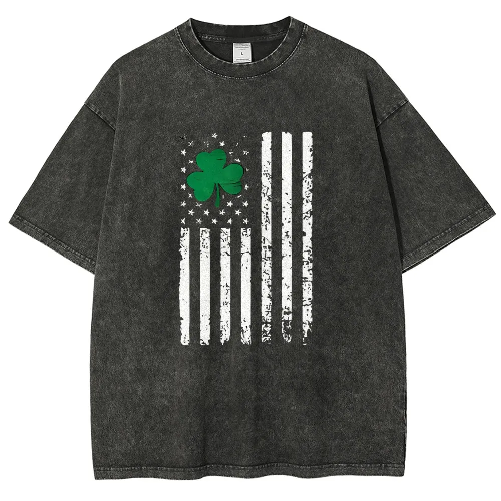 Unisex Vintage American Shamrock Flag At St. Patrick's Day Graphic Washed Tee