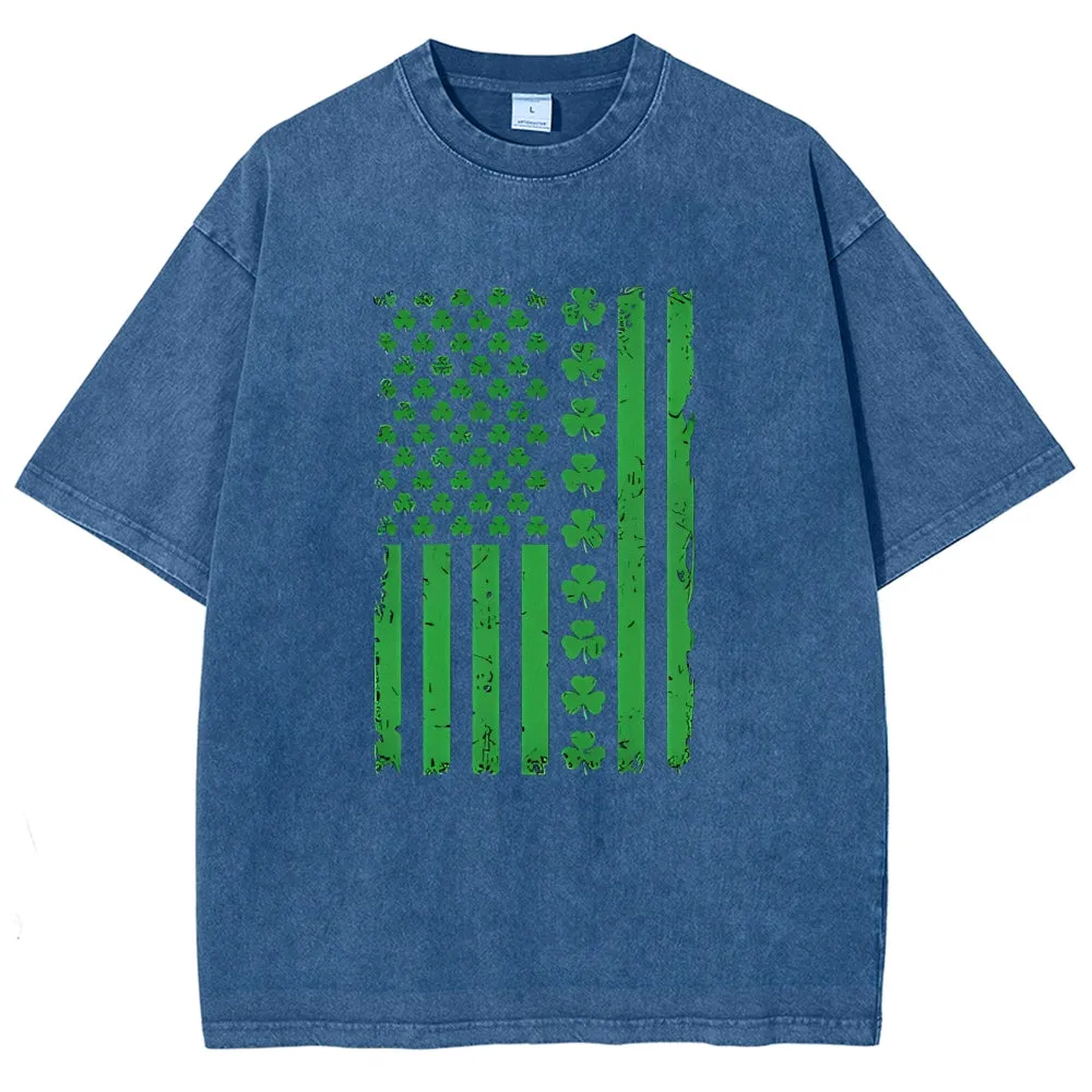 Unisex Vintage American Shamrock Flag At St. Patrick's Day Graphic Washed Tee