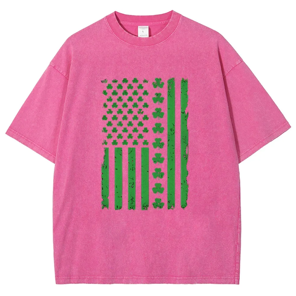 Unisex Vintage American Shamrock Flag At St. Patrick's Day Graphic Washed Tee