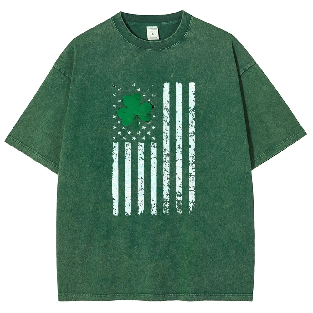 Unisex Vintage American Shamrock Flag At St. Patrick's Day Graphic Washed Tee