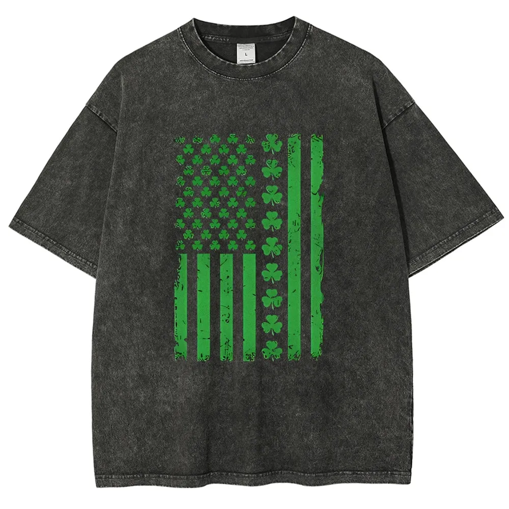 Unisex Vintage American Shamrock Flag At St. Patrick's Day Graphic Washed Tee