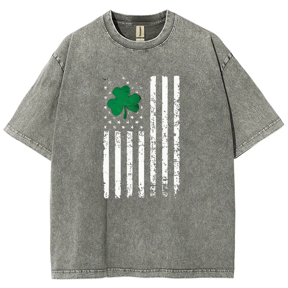 Unisex Vintage American Shamrock Flag At St. Patrick's Day Graphic Washed Tee