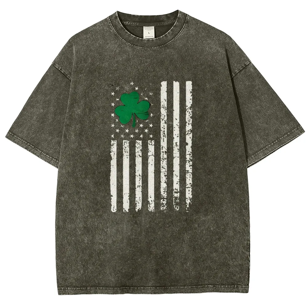 Unisex Vintage American Shamrock Flag At St. Patrick's Day Graphic Washed Tee