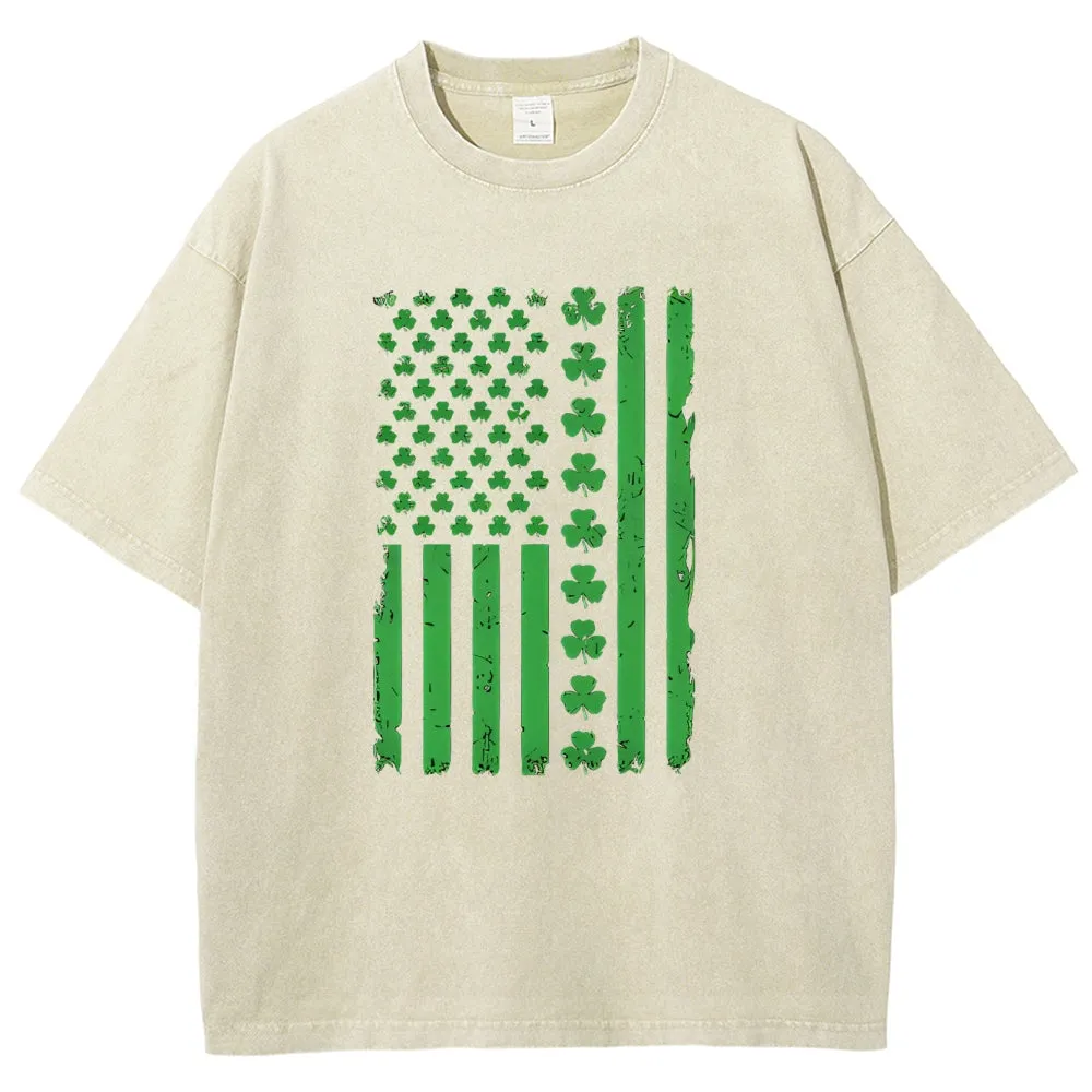 Unisex Vintage American Shamrock Flag At St. Patrick's Day Graphic Washed Tee