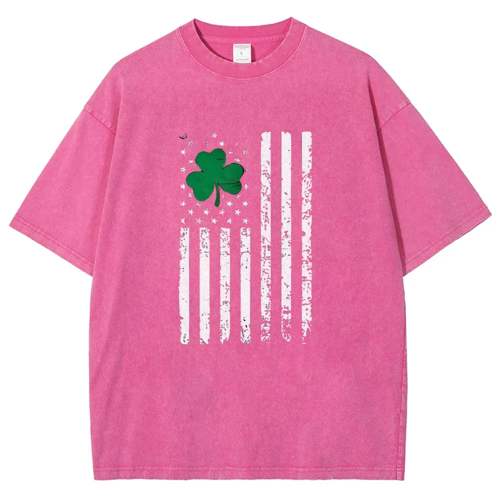 Unisex Vintage American Shamrock Flag At St. Patrick's Day Graphic Washed Tee