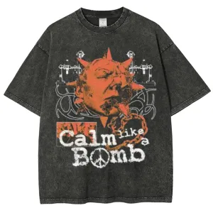 Unisex Vintage Calm Like A Bomb Graphic Short Sleeve Washed T-shirt