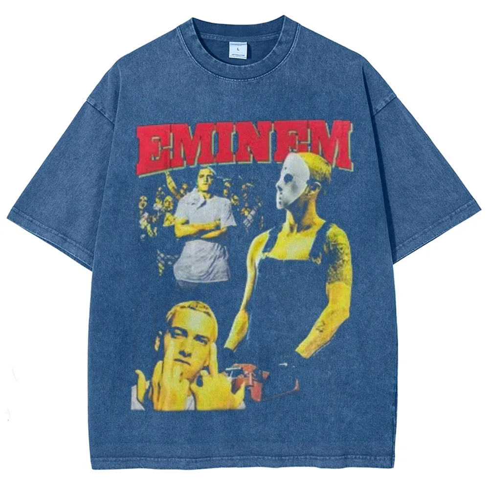 Unisex Vintage Eminem Darkness Style Graphic Short Sleeve Washed T-shirt
