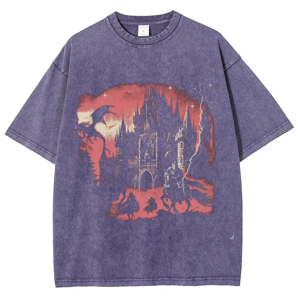 Unisex Vintage Ghost Night Darkness Style Graphic Short Sleeve Washed T-shirt