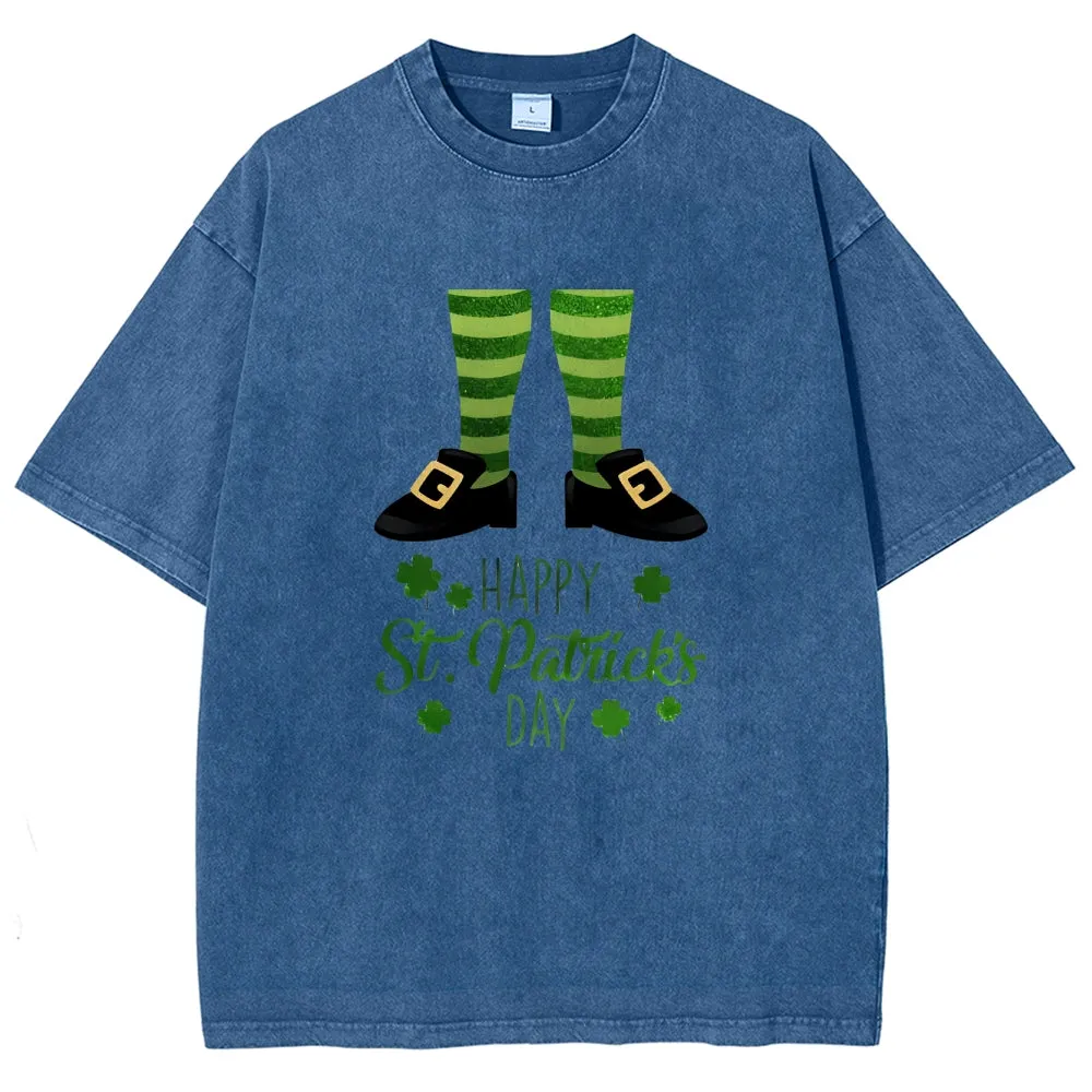 Unisex Vintage Happy St. Patrick's Day Cheer with Socks Graphic Washed Tee