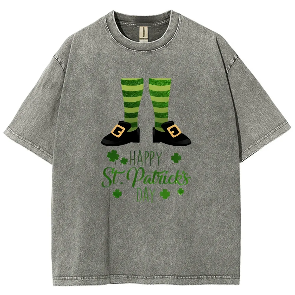 Unisex Vintage Happy St. Patrick's Day Cheer with Socks Graphic Washed Tee