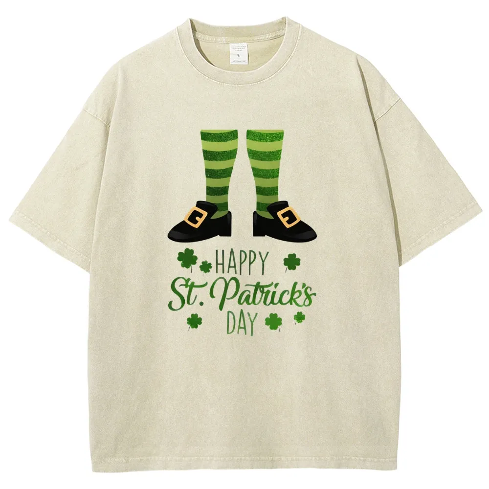 Unisex Vintage Happy St. Patrick's Day Cheer with Socks Graphic Washed Tee