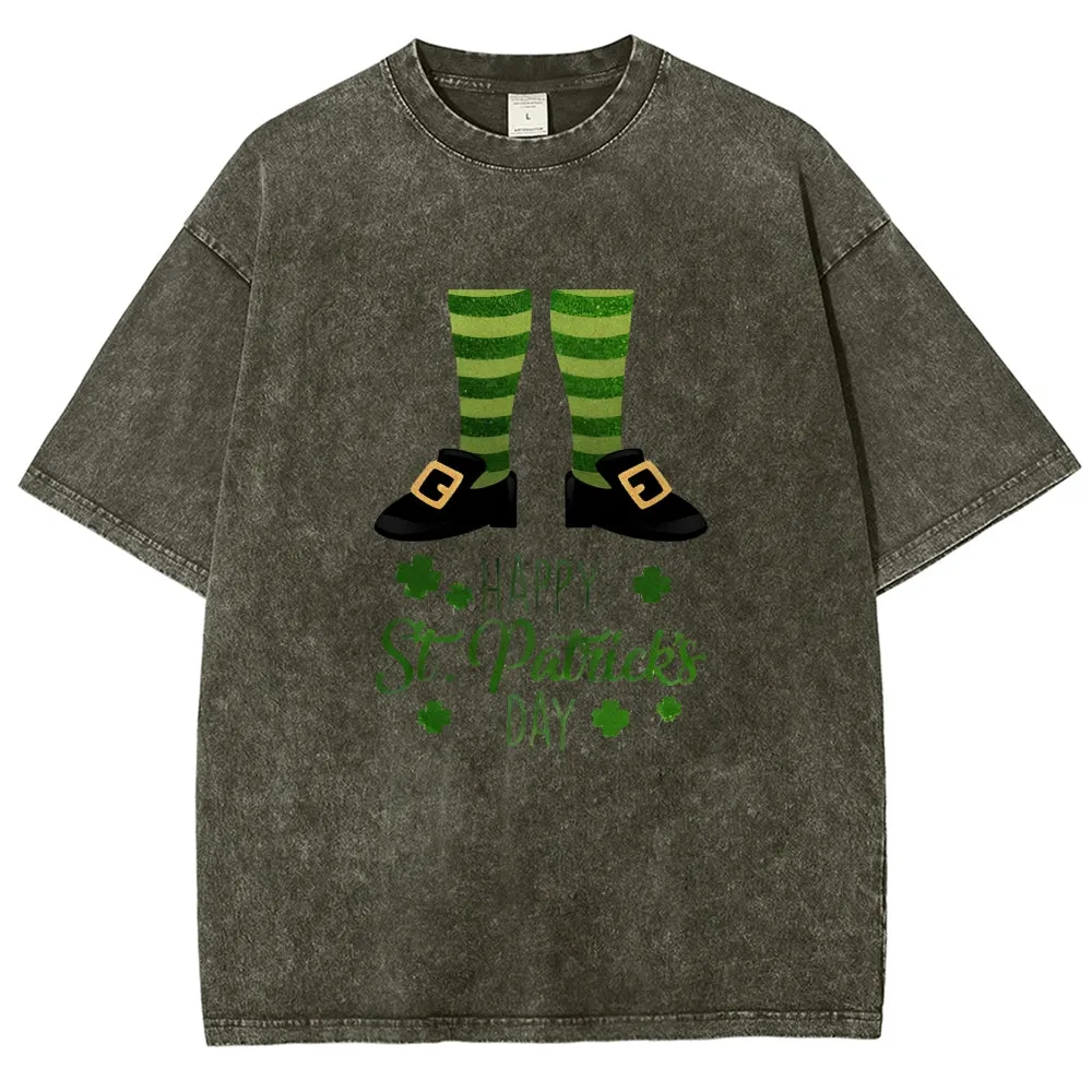 Unisex Vintage Happy St. Patrick's Day Cheer with Socks Graphic Washed Tee