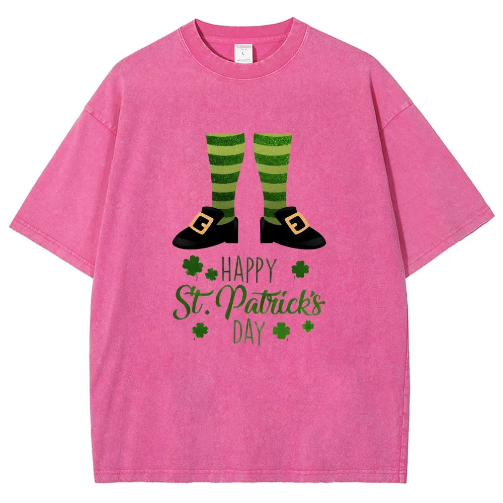 Unisex Vintage Happy St. Patrick's Day Cheer with Socks Graphic Washed Tee