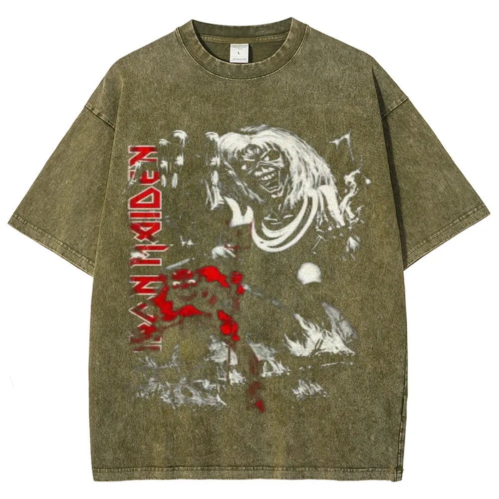 Unisex Vintage Iron Rock Darkness Style Graphic Short Sleeve Washed T-shirt