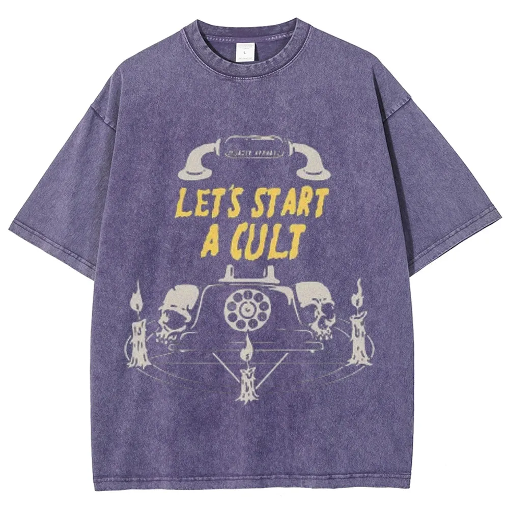 Unisex Vintage Let's Start A Cult Graphic Short Sleeve Washed T-shirt
