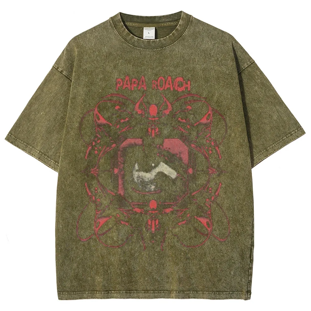 Unisex Vintage Papa Roach Graphic Short Sleeve Washed T-shirt