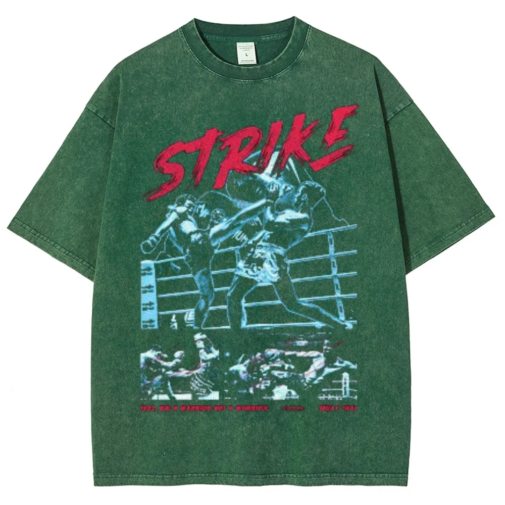 Unisex Vintage Striker Boxing Darkness Style Graphic Short Sleeve Washed T-shirt