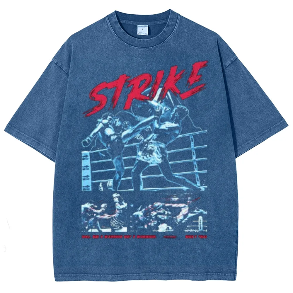Unisex Vintage Striker Boxing Darkness Style Graphic Short Sleeve Washed T-shirt
