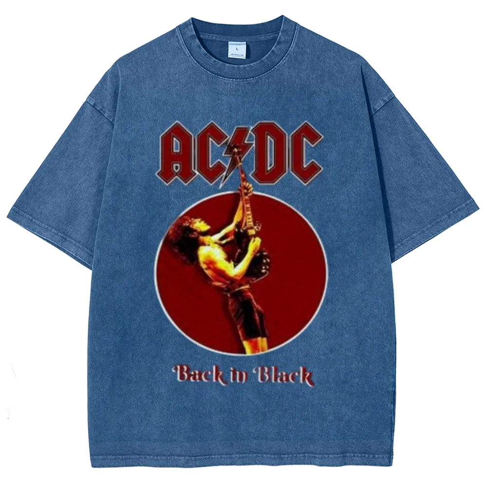 Unisex Vintage The Acdc Rock Band Print Short Sleeve Casual Graphic Washed T-shirt