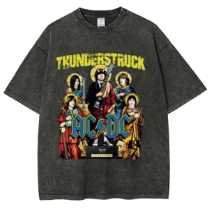 Unisex Vintage The Acdc Rock Band Print Short Sleeve Casual Graphic Washed T-shirt