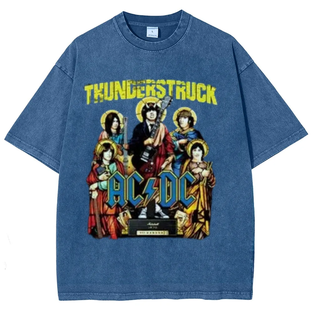 Unisex Vintage The Acdc Rock Band Print Short Sleeve Casual Graphic Washed T-shirt