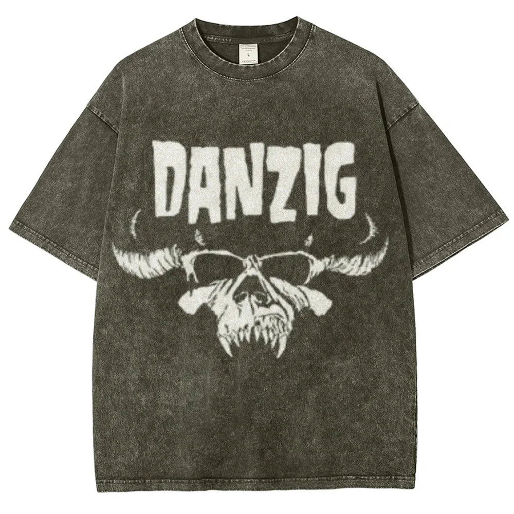 Unisex Vintage The Danzig Rock Band Print Short Sleeve Casual Graphic Washed T-shirt