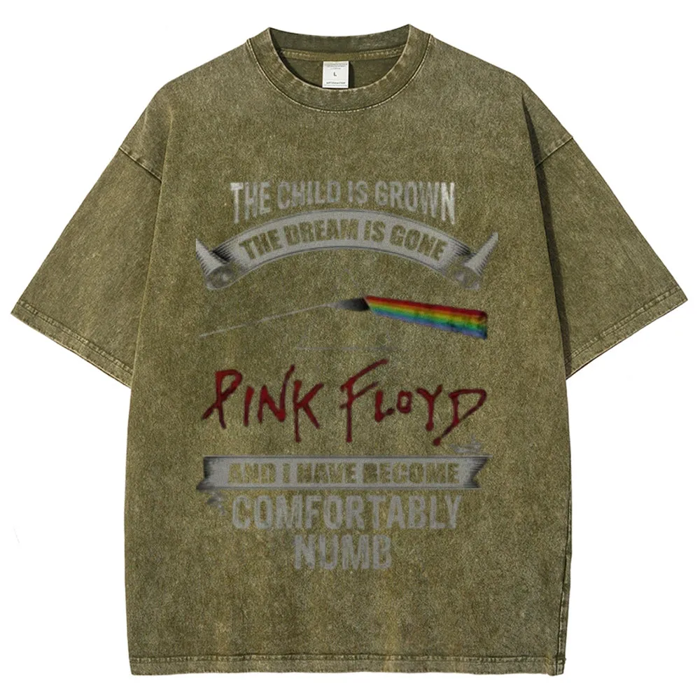 Unisex Vintage The Pink Rock Band Print Short Sleeve Casual Graphic Washed T-shirt