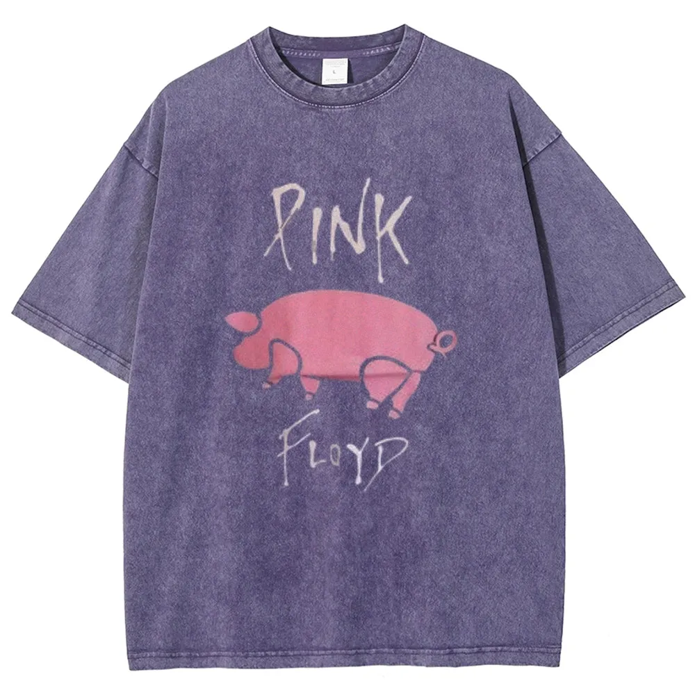 Unisex Vintage The Pink Rock Band Print Short Sleeve Casual Graphic Washed T-shirt