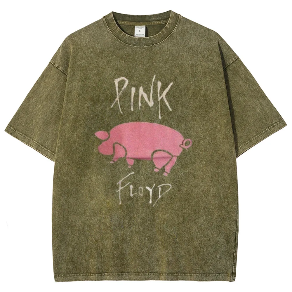 Unisex Vintage The Pink Rock Band Print Short Sleeve Casual Graphic Washed T-shirt