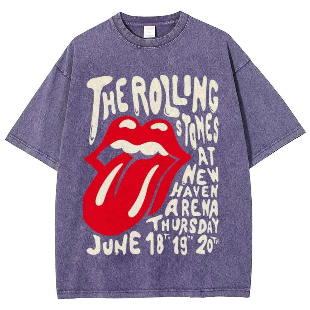 Unisex Vintage The Rolling Stone Rock Band Print Short Sleeve Casual Graphic Washed T-shirt