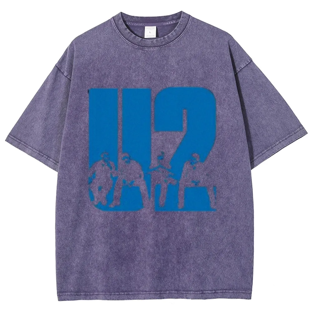 Unisex Vintage The U2 Rock Band Print Short Sleeve Casual Graphic Washed T-shirt