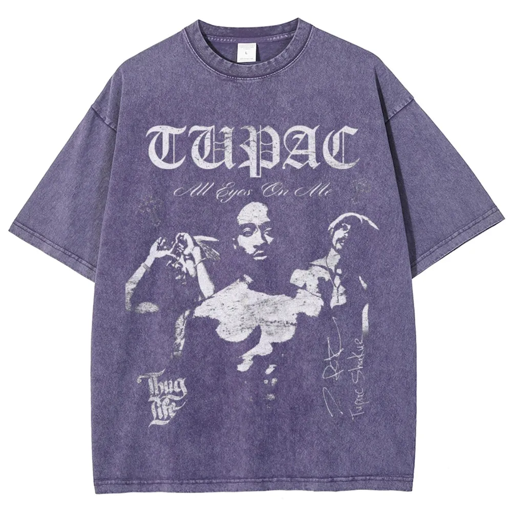 Unisex Vintage Tupac Darkness Style Graphic Short Sleeve Washed T-shirt