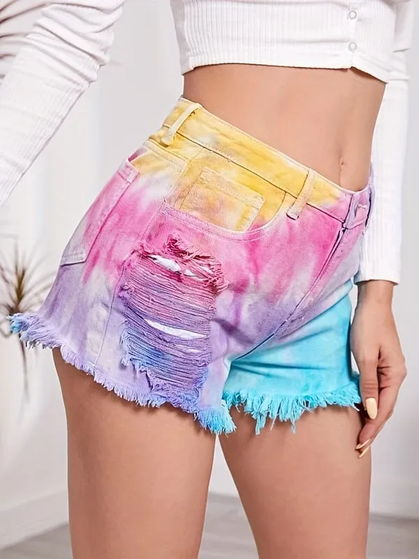 Vibrant Tie Dye Ripped Loose Fit Denim Shorts - Stretchy High-Waist, Pockets, Flattering Fringe Toe Detail, Casual Summer Fashion, Comfortable, Breathable, and Versatile Jean Shorts for Women