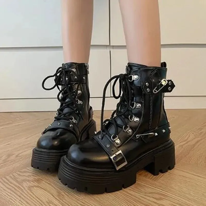 VilyVital™ Women's Gothic Platform Biker Boots – Patent Leather Chunky Heel Ankle Boots