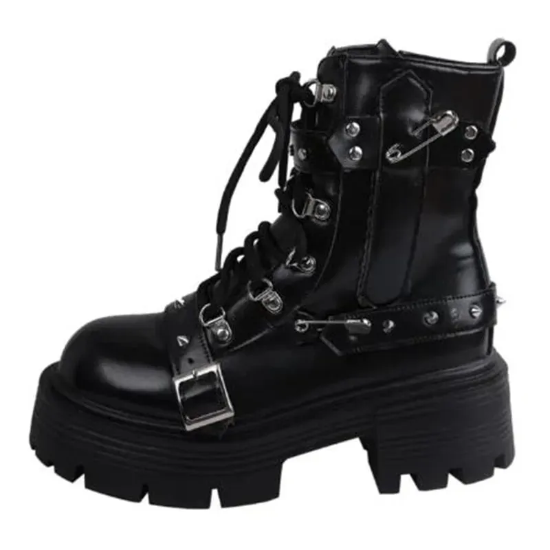 VilyVital™ Women's Gothic Platform Biker Boots – Patent Leather Chunky Heel Ankle Boots