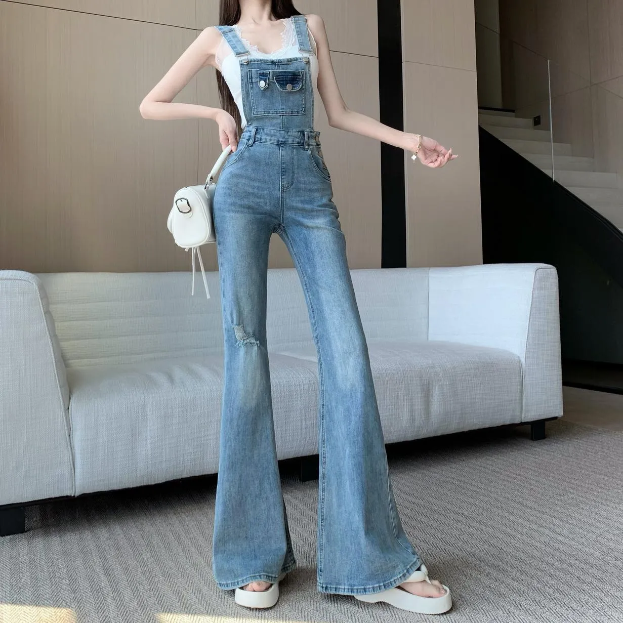 Vintage-Inspired Flared Denim Overalls for Women's Casual Fashion
