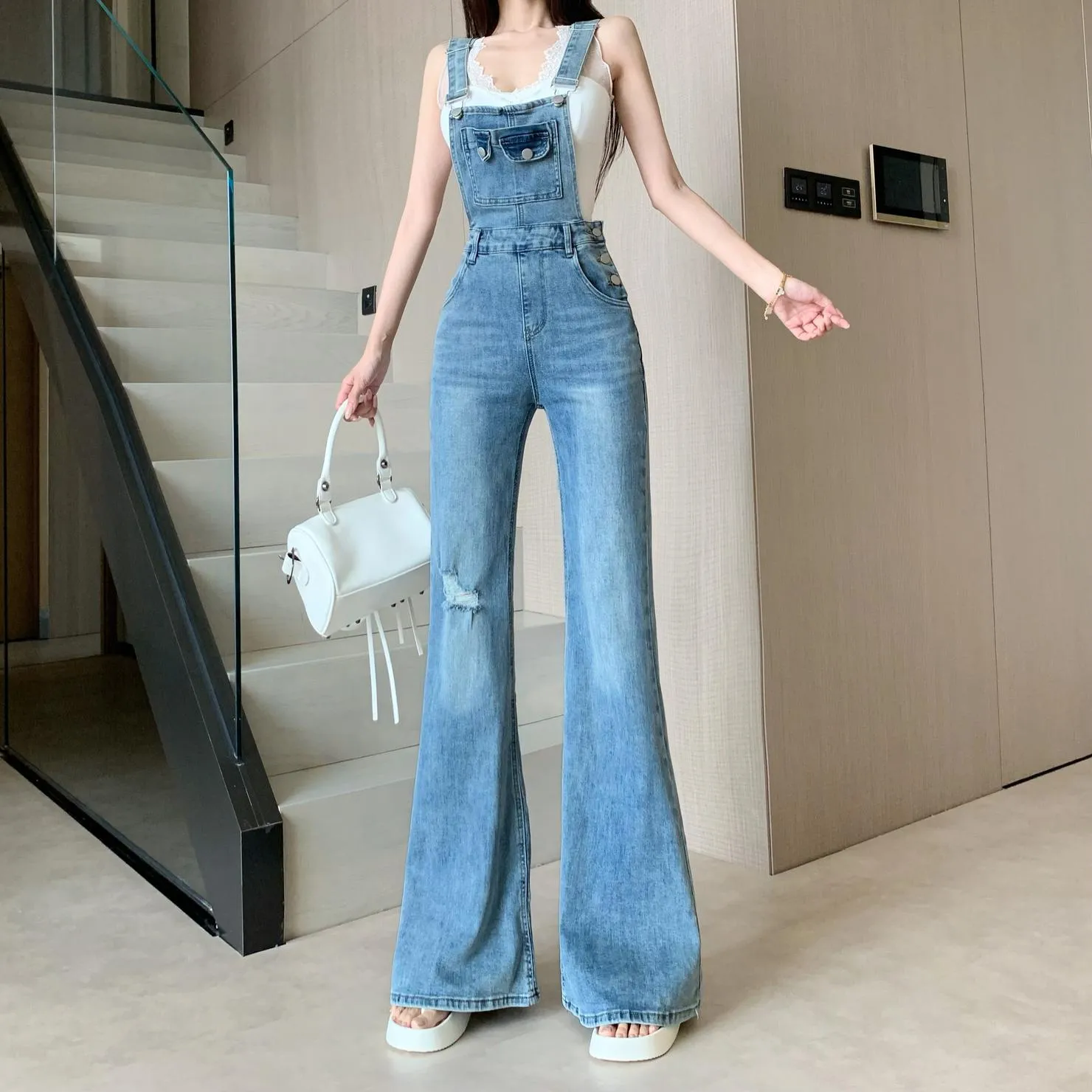 Vintage-Inspired Flared Denim Overalls for Women's Casual Fashion