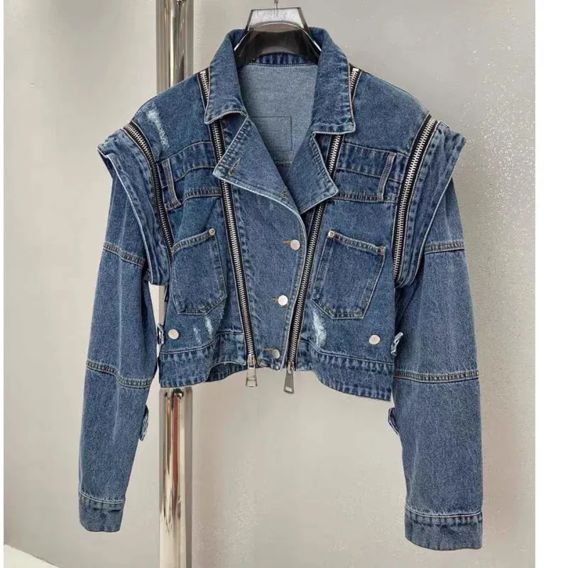 Vintage Streetwear Bomber Motorcycle Crop Denim Jacket Women Autumn Shoulder Pad Multi Zipper Short Ripped Jeans Jackets Outwear