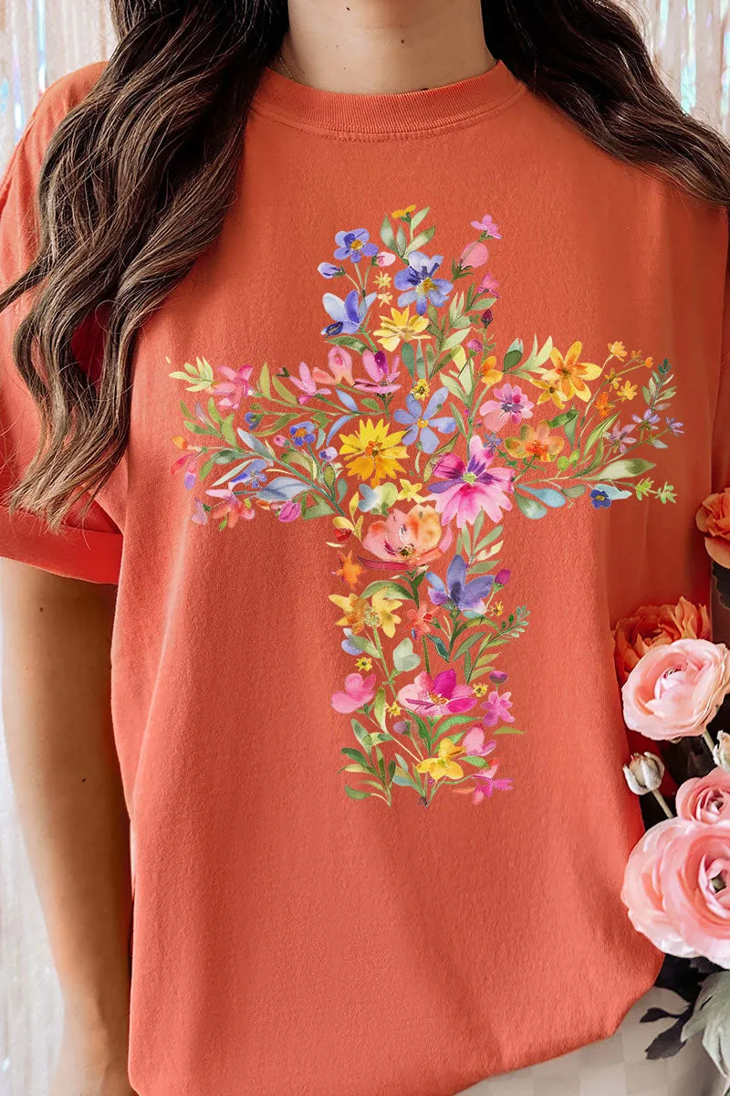 Watercolor Floral Cross Comfort Colors Adult Ring-Spun Cotton Tee