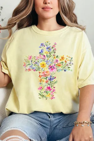 Watercolor Floral Cross Comfort Colors Adult Ring-Spun Cotton Tee
