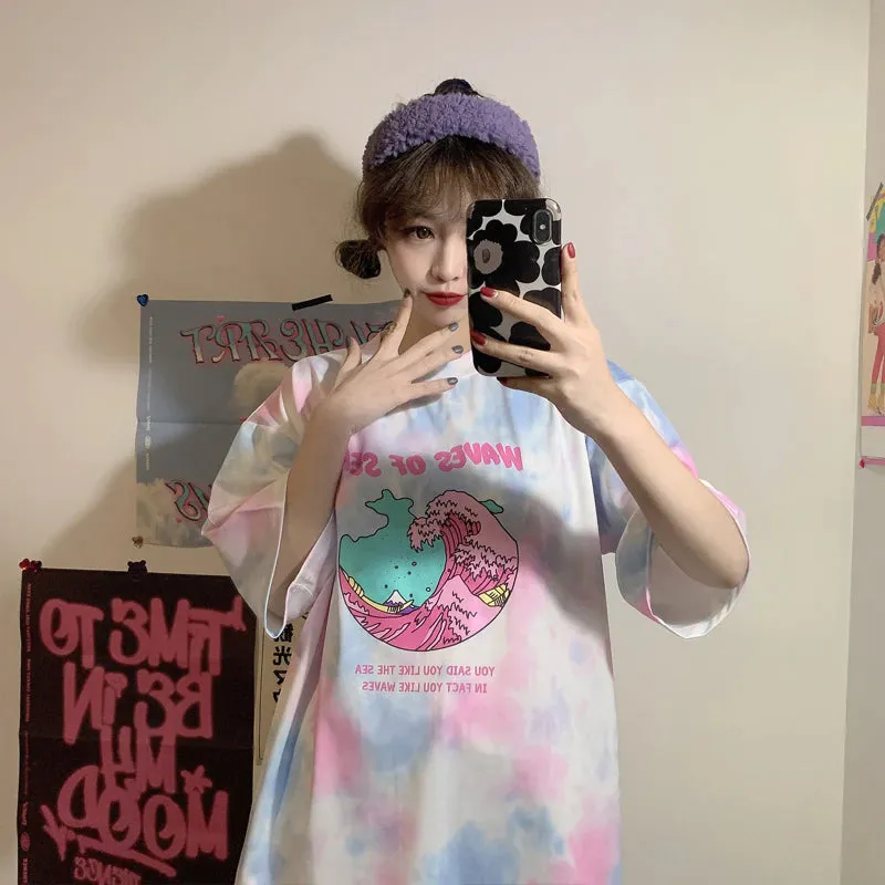 Waves Of Sea Printed Tie Dye Loose Shirt