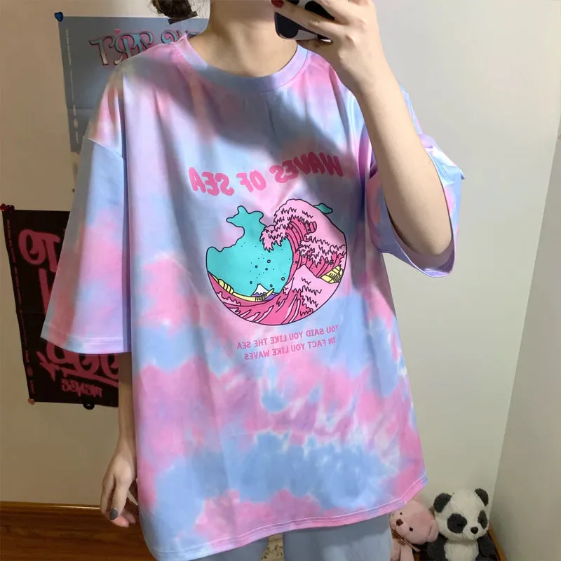 Waves Of Sea Printed Tie Dye Loose Shirt