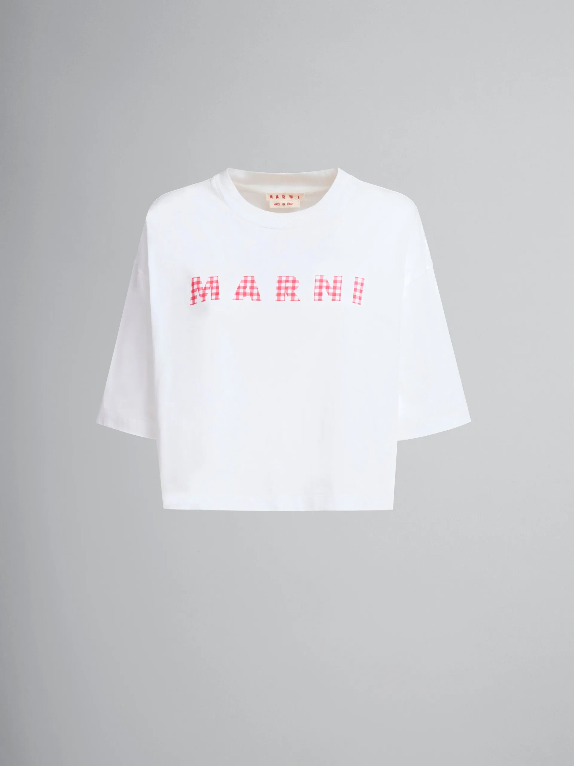 White jersey cotton T-shirt with checked Marni logo